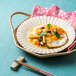 坂下先生の季節のレシピ／揚げ卵の春野菜あんかけ