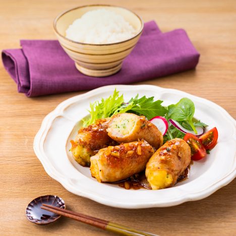 マッシュポテトの肉巻き にんにく照り焼きソース