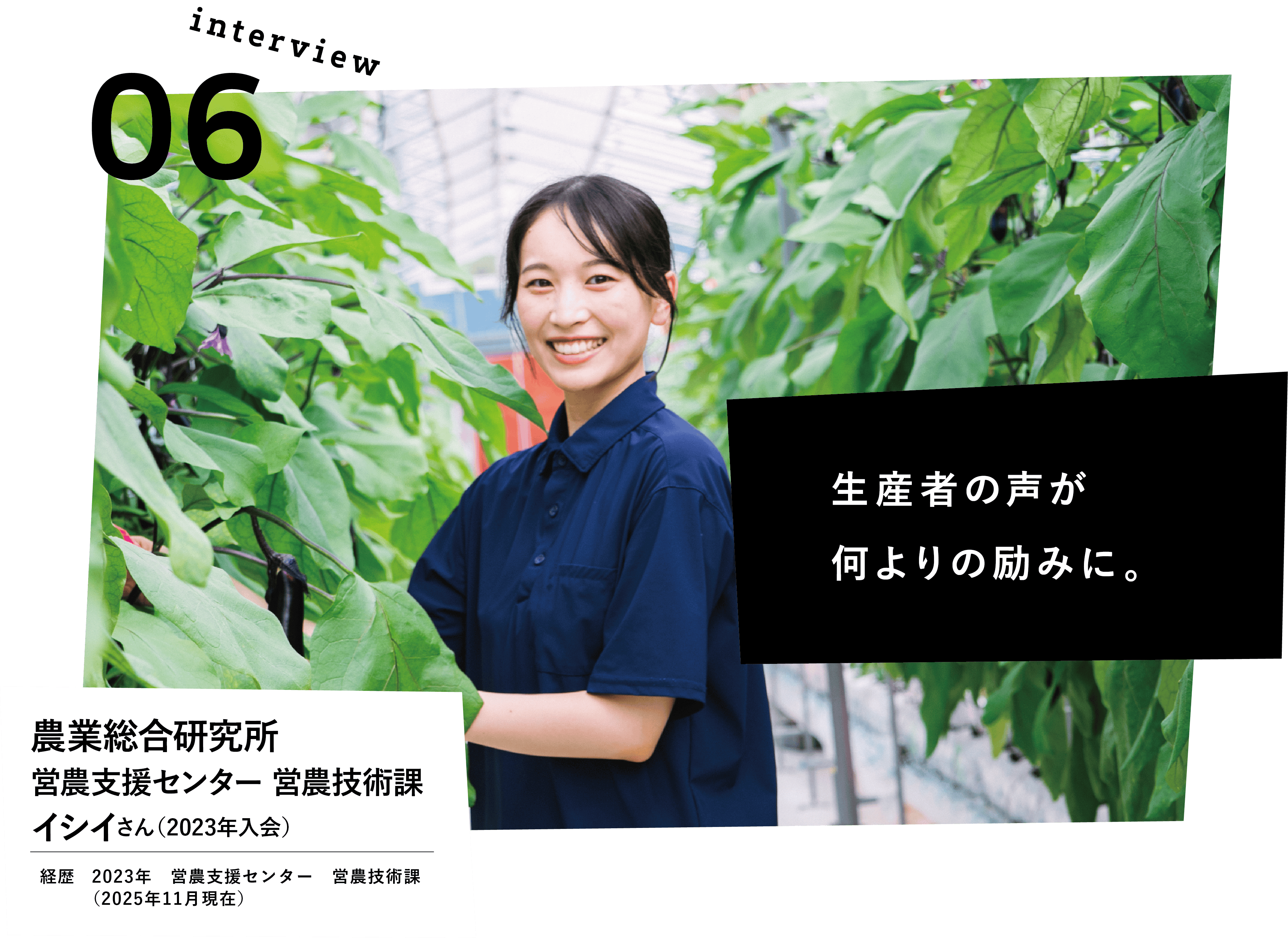 生産者の方々の声が何よりの励みに。　農業総合研究所　営農支援センター　営農技術課　イシイさん（2023年入会）　経歴　2023年　営農支援センター　営農技術課　（2025年11月現在）
